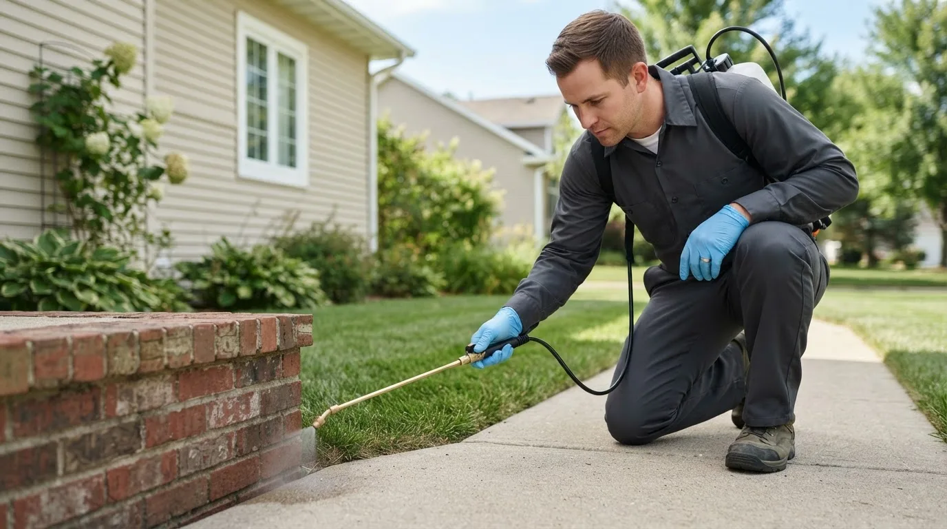 Pest control technician treating a home near Grammer, IN
