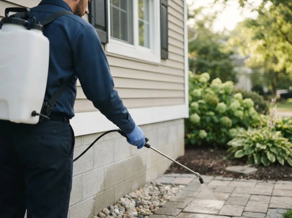 Pest control technician inspecting a home in Grammer, IN
